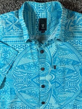 TAPA Men’s 2XL Hawaiian Tiki Tribal Print Turquoise Shirt Hula Tropical